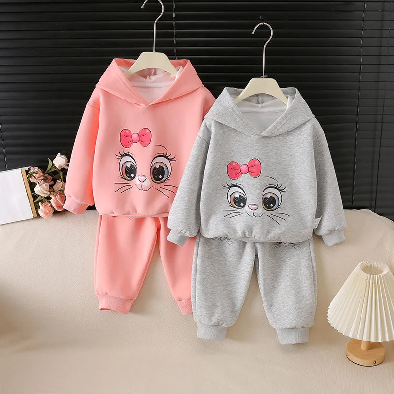 1-6Y Kids Sets And Outfits Girls Cute Bow Cartoon Cat Top+Pants 2Pcs Clothes Children Fleece-lined Sweatshirt Set