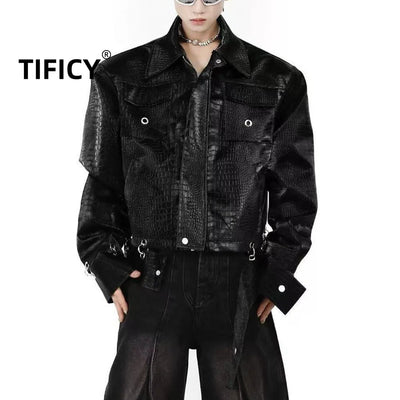 TIFICY Crocodile Patterned Shoulder Pad PU Leather Jacket | SAMAG