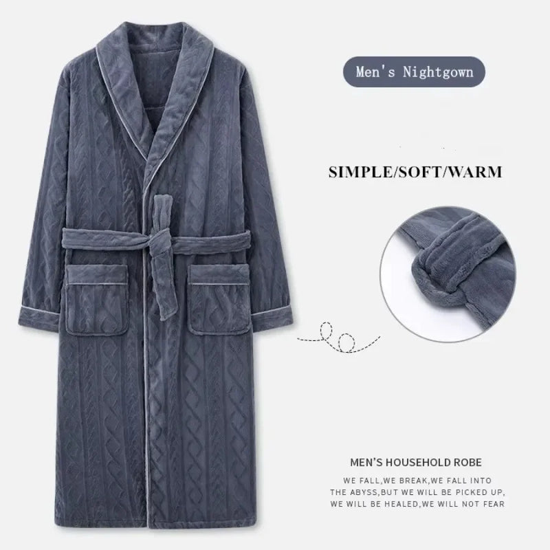2026 Men's Autumn Winter Flannel Pajama Robes Thickened Warm Lace Up Bath Robes Men Loose Lounge Homewear Coral Fleece Nightgown