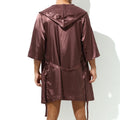 Mens Hooded Bathrobe Shorts Set Pajamas Night Robe Dress Gown Male Silk Satin Nightgown Kimono Bathrobe Sleepwear House Robe Men