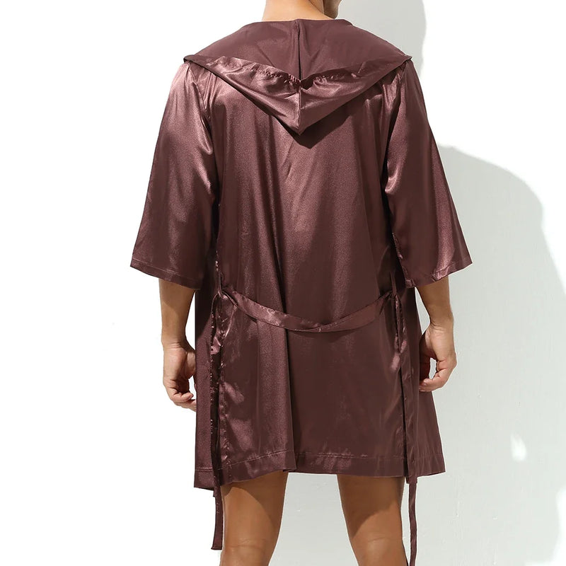 Mens Hooded Bathrobe Shorts Set Pajamas Night Robe Dress Gown Male Silk Satin Nightgown Kimono Bathrobe Sleepwear House Robe Men