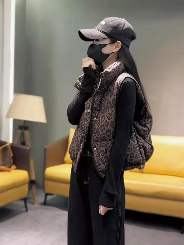 Leopard Women's Autumn Winter Sleeveless Parkas Jacket 2025 Woman Mandarin Collar Cotton Padded Vest Korean Style Waistcoat
