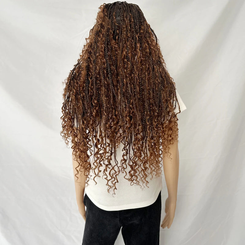 32 Inch Knotless Full Lace Boho Box Braid Synthetic Wig for Women Braided Wigs with Bohemian Curly Ended Double Full Lace