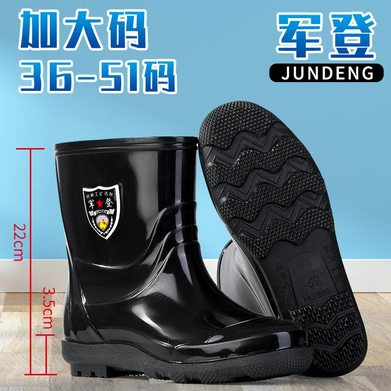 Large Size Men's Rain Boots High Tub Waterproof Anti-slip Work Site Rubber Shoes Fleece Lined Durable Plastic Outsole