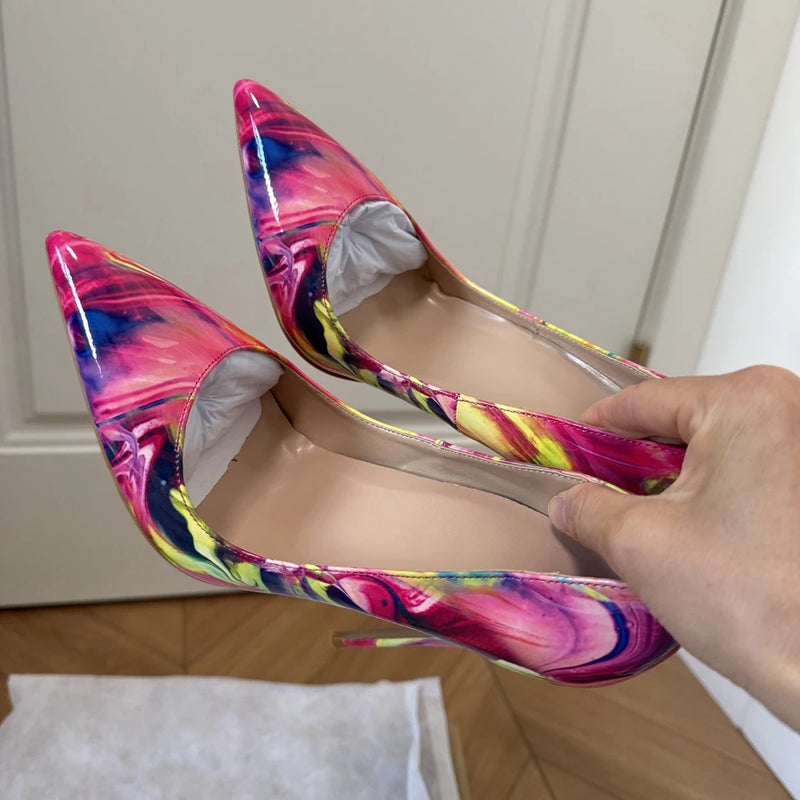 Veowalk Women's 12cm High Heels Pumps Colorful Print Pointed Toe Stiletto Shoes Sexy Party & Club Dress Shoes for Evening Events