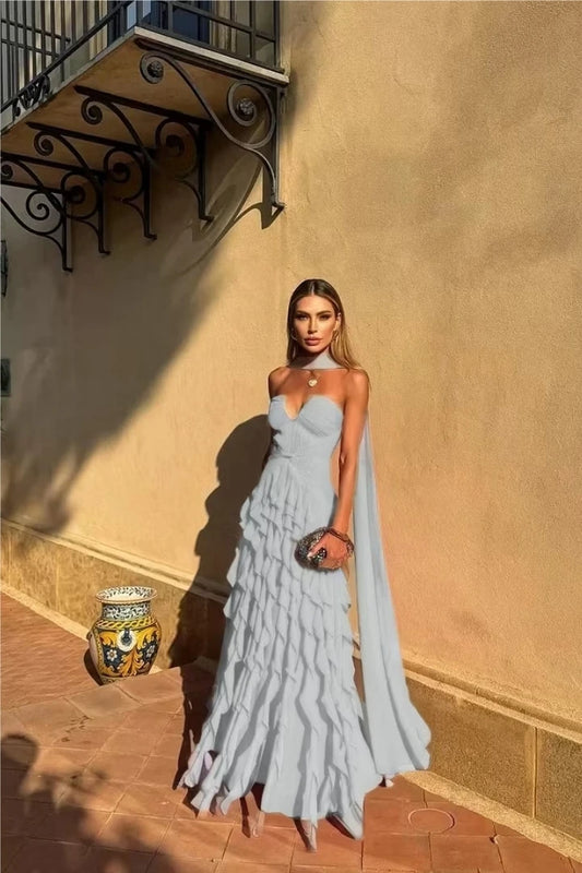 Halter Long Train Evening Gown Sweetheart Multi Layer | SAMAG