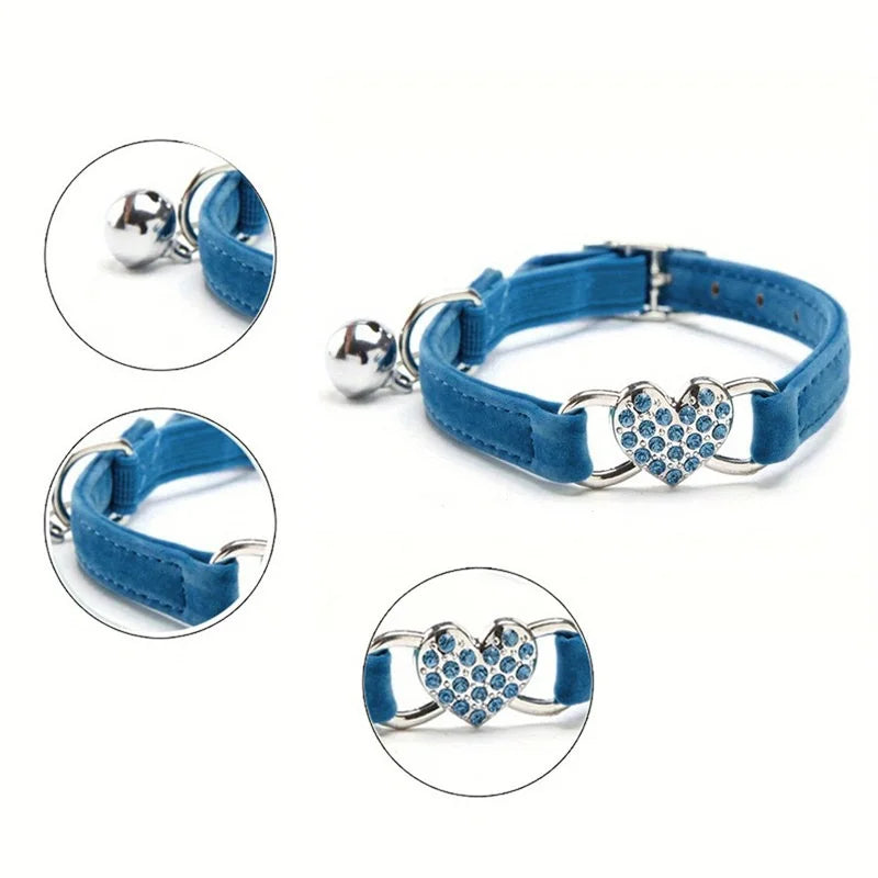 Heart Shaped Cat Collar With Bell Safety Elastic Adjustable Collar Soft Cat Crystal Collar For Kitten Puppy Pet Supplies
