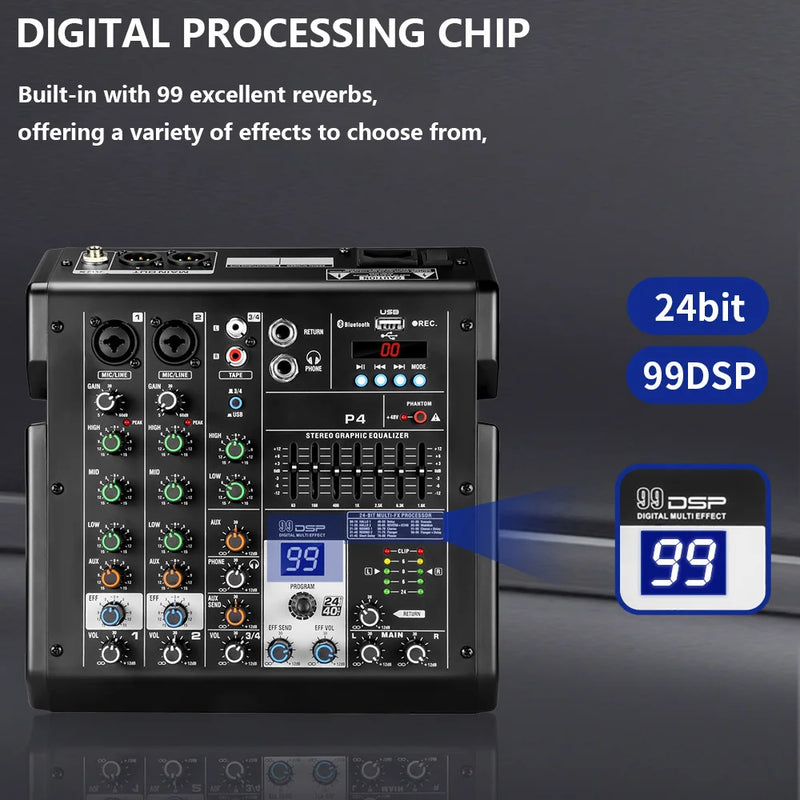 FUHAM 4 Channel Audio Mixer Bluetooth USB DJ Console 48V Phantom Power for Studio Karaoke Streaming