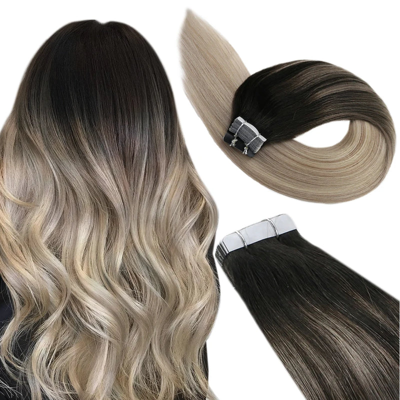 Ugeat Tape in Hair Extensions Human Hair Real Natural Brazilian Remy Hair Straight Seamless Skin Weft For Women Balayage 20P/40P