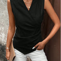 Women Sleeveless V Neck Wrap Blouse Side Ruched Asymmetric Hem Slim Casual Tank Top Elegant Office Daily Black Vest Shirt