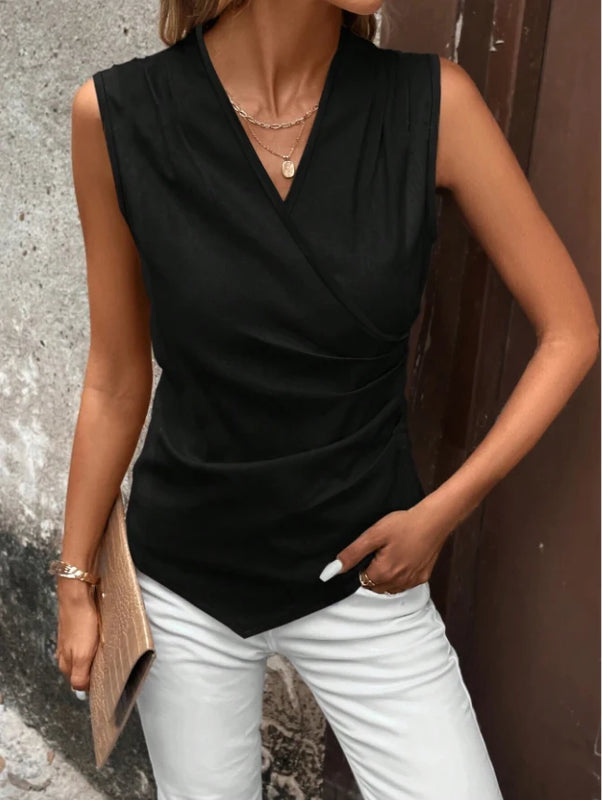 Women Sleeveless V Neck Wrap Blouse Side Ruched Asymmetric Hem Slim Casual Tank Top Elegant Office Daily Black Vest Shirt