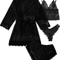 Women's Pajama Fashion 4-piece Set Lace Satin Strap Sexy | SAMAG