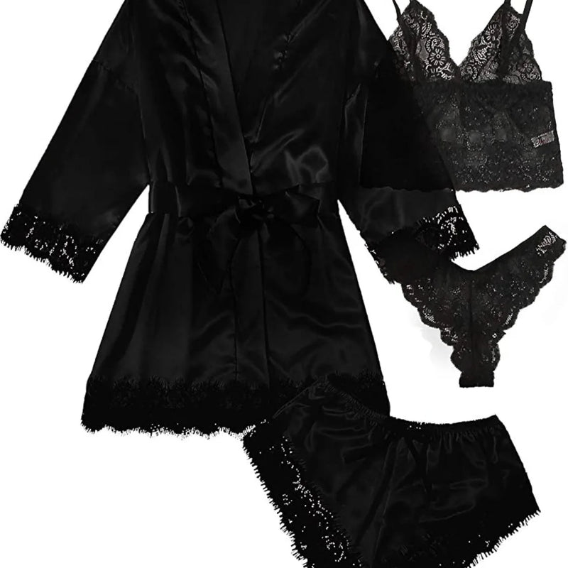 Women's Pajama Fashion 4-piece Set Lace Satin Strap Sexy | SAMAG