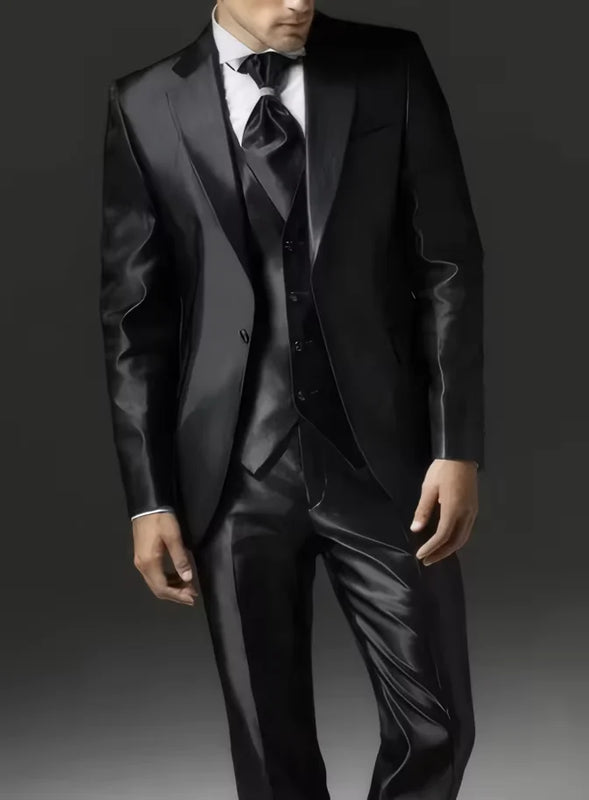2025 New Style Black Two Bottom Satin Beach Men Suit Men's Wedding Prom Suits Costume Homme 3 Pieces (Jacket+Pant+Vest)
