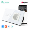 BSEED 1/2/3Gang Zigbee Touch Switch Wall Light Switch With Smart EU Socket Support Google Alexa Tuya Control No Neutral Line