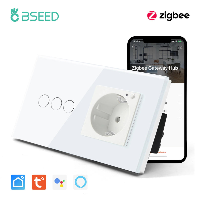 BSEED 1/2/3Gang Zigbee Touch Switch Wall Light Switch With Smart EU Socket Support Google Alexa Tuya Control No Neutral Line