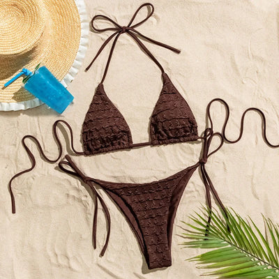 Sexy Coffee Wrinkled String Halter Bikinis Sets Two | SAMAG