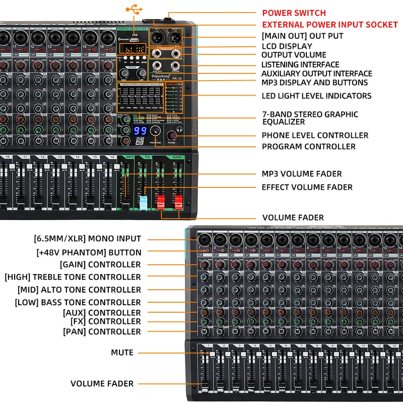 Professional Audio Console Mixer With MP3 Computer Input Built-in 99 Reverb Effect 16 Channel Audio Mixer