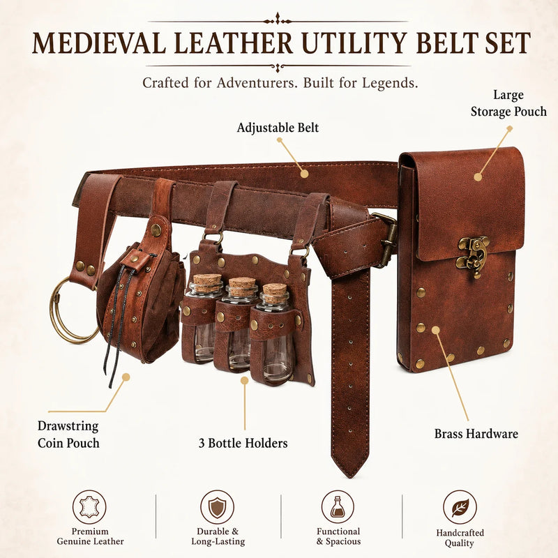 5Pcs/Set Medieval Leather Belt Waist Bag Renaissance Steampunk Vintage Waist Pack Cosplay Halloween Costume Accessories Set ﻿