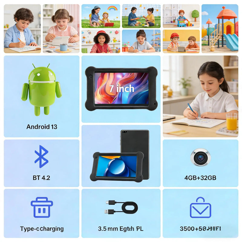 Paitanry 7 inch Tablet Android 13 Quad Core 4GB RAM 32GB ROM 1024*600 IPS 5G WiFi Bluetooth Dual Cameras GPS Portable Tablet PC