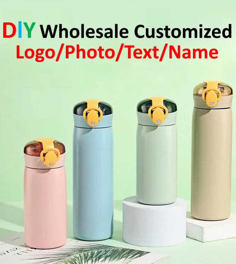 DIY 460ml Portable Kids Thermos Mug With Straw Stainless Steels Cartoon Vacuum Flasks Cute Thermal Water Bottle Customize logo