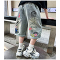 Kids Boys Graffiti Drawing Denim Shorts Elegant Children Casual Ripped Short Jeans Capris Pants 5 6 7 8 9 10 11 12 13 14 Year