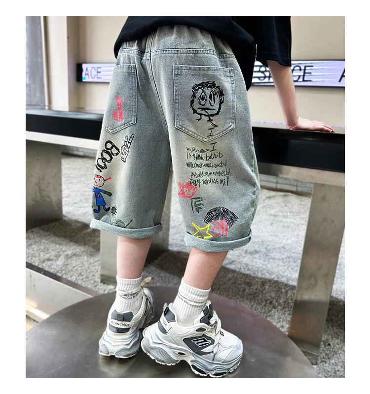 Kids Boys Graffiti Drawing Denim Shorts Elegant Children Casual Ripped Short Jeans Capris Pants 5 6 7 8 9 10 11 12 13 14 Year