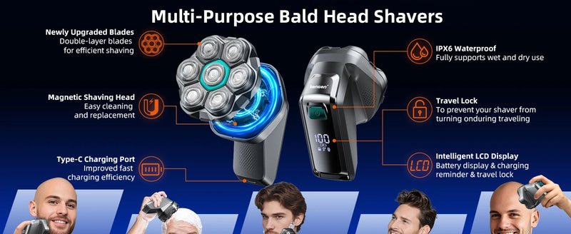 Kensen S32 Electric Head Shaver for Men 7D Floating Cutter USB-C Rechargeable 8100/8500 RPM IPX6 Waterproof Magnetic Head Razor