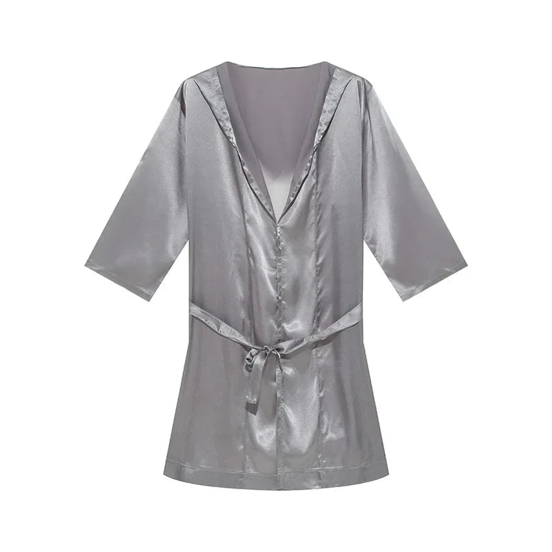 Men Bathrobe Pajamas Nightgown Hooded Loose Satin Silk Sleepwear Cardigan Gown Bath Robe Nightwear Male Sleep Bottoms Home Robes
