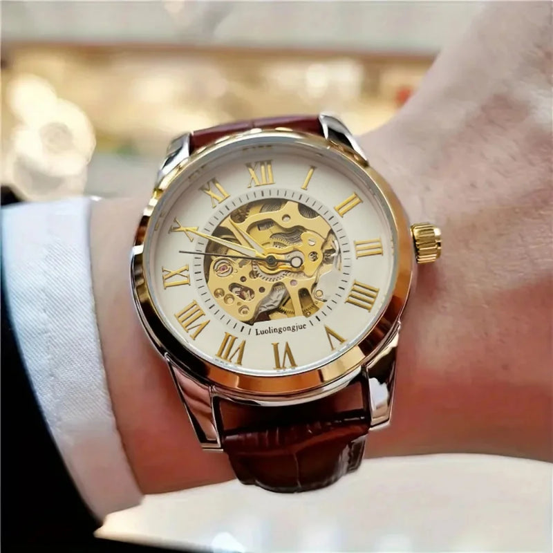 Elegant Men's Automatic Mechanical Watch with Skeleton Design - Leather Strap, Roman Numeral Dial, Automatic Movement, Perfect for Business and Casual Wear, Ideal Gift for Young Men, Business Casual Men's Watch | Skeleton Wat