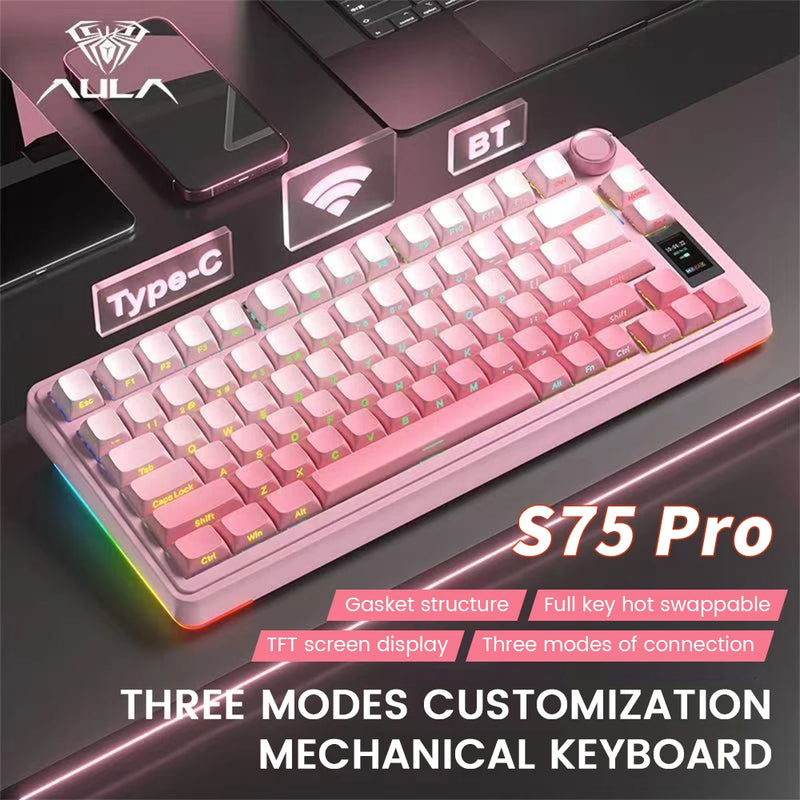 AULA S75 Pro Gaming Mechanical Keyboard 75% Hot Swappable RGB Backlit 4000mAh PBT Keycaps Wireless Keyboard with LED Screen Knob