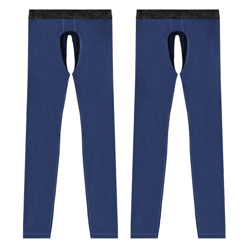 2 Open crotch thermal pants men's thin leggings middle-aged elderly long johns autumn and winter tight inner threads