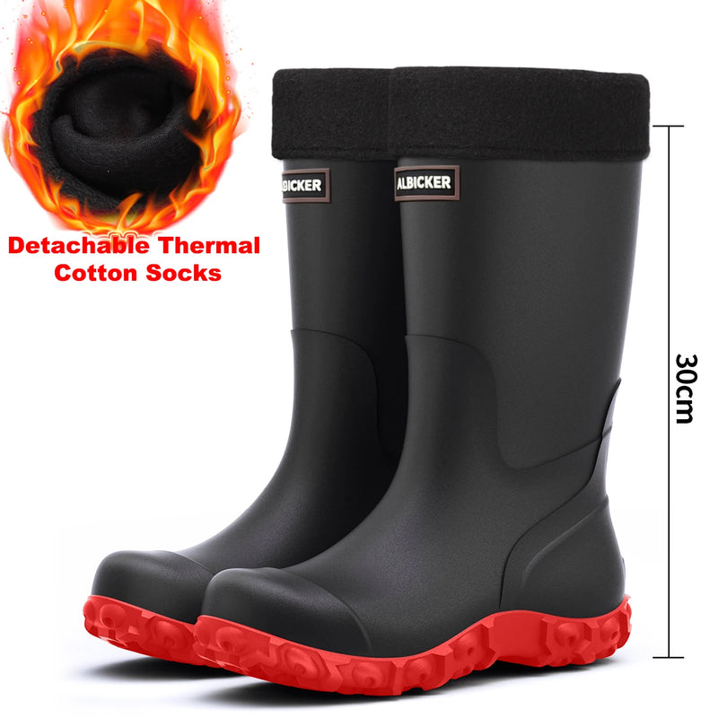 Men's Rain Boots Long Tube Water Shoes Non-slip Waterproof Safety Work Shoes Black Red High-Top Fishing Boots With Cotton Socks