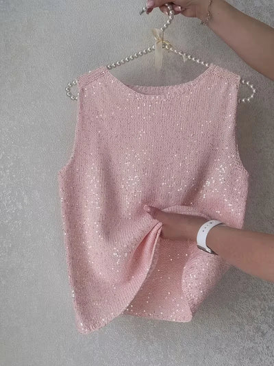 Cherry Blossom Pink Sparkling Sequin Sleeveless Knitted | SAMAG