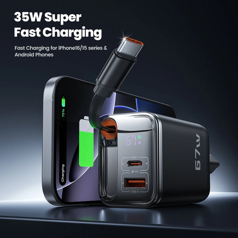 Toocki 67W GaN Charger With Retractable Type-C Cable Digital Display PPS PD3.0 Fast Charger for iPhone 17 16 Samsung S25 S24