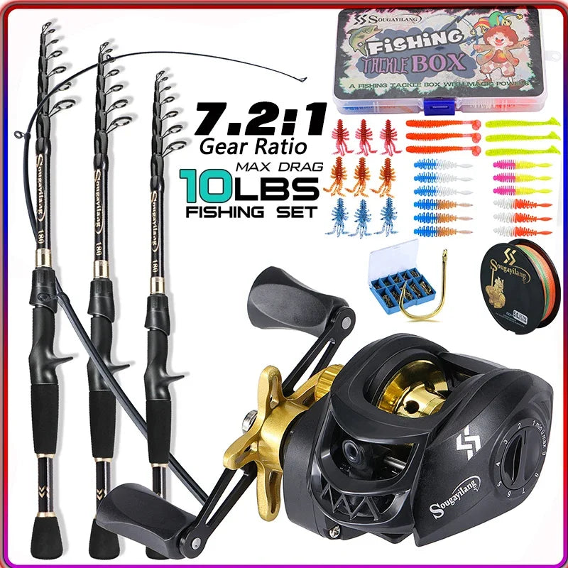 Sougayilang Casting Fishing Rod Combo High Carbon Telescopic Rod and Baitcasting Reel with Lure Line Max Drag 8kg for Bass Trout