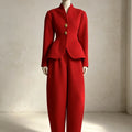 Laru 2026 New Women Two Piece Set V Neck Peplum Blazer with Barrel Leg Pants Gold Button Slim Fit Elegant Business Office Outfit