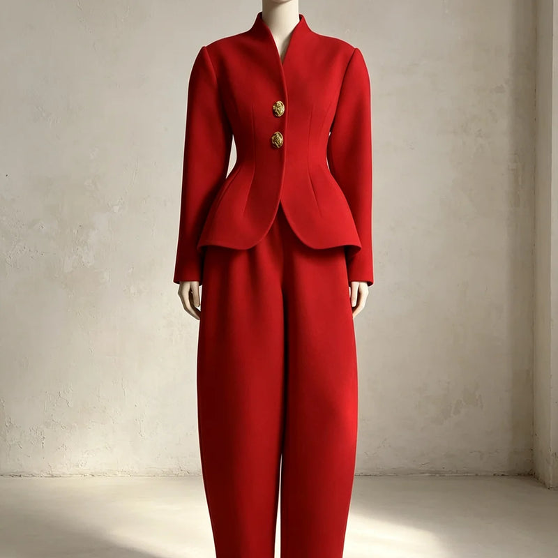 Laru 2026 New Women Two Piece Set V Neck Peplum Blazer with Barrel Leg Pants Gold Button Slim Fit Elegant Business Office Outfit