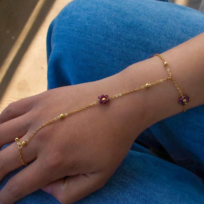 Stainless Steel Colorful Crystal Beads Flower Hand Chain Bracelet for Women Summer Dopamine Finger Ring Link Chain Beach Jewelry