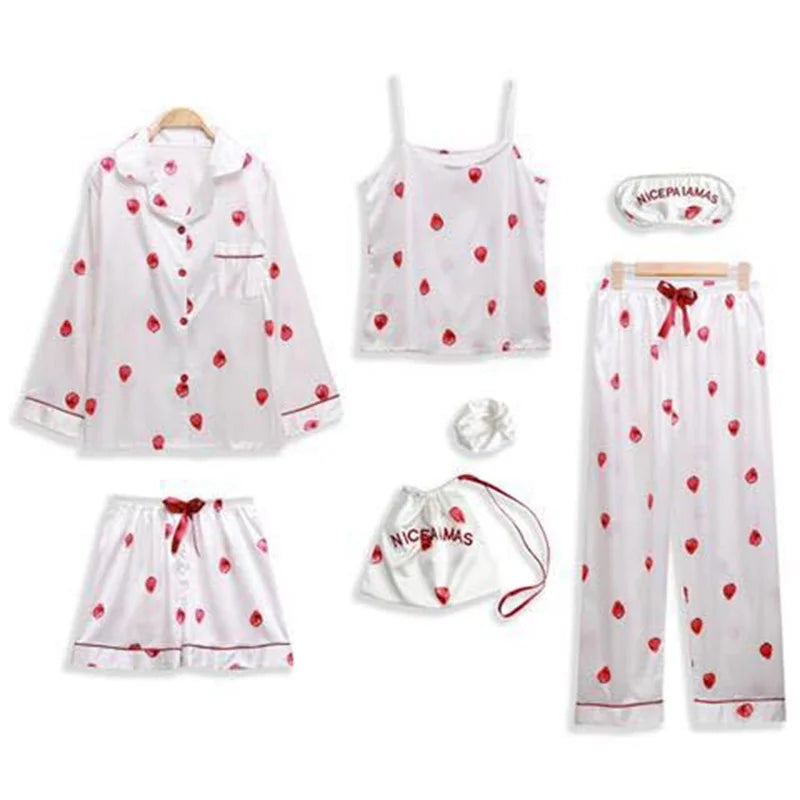 Spring Autumn 7 Pieces Set Silk Elegant Women Pajamas Print Shorts Long Sleeve Top Elastic Waist Pants Lounge Sleepwear