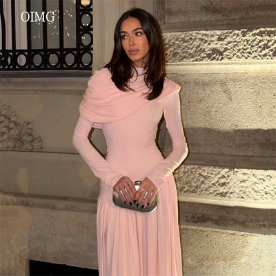 OIMG Modern Pink High Neck A Line Prom Gowns Long Sleeves | SAMAG