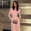 OIMG Modern Pink High Neck A Line Prom Gowns Long Sleeves | SAMAG