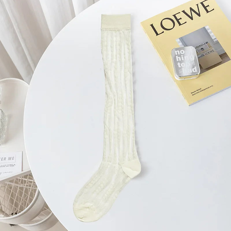 Crystal Silk Socks Stockings Women Summer Ultra-thin Transparent Nylon Long Socks Lingerie Sexy Lace Floral Knee Socks Stockings