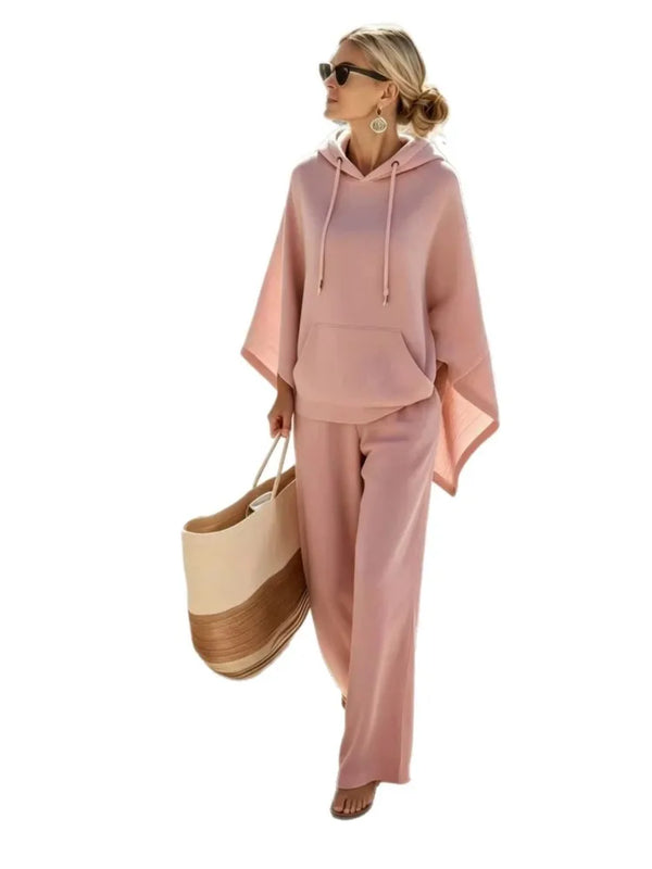 Women 2 Piece Outfit Set Hooded Cape Poncho Top & Wide Leg Pants Loose Loungewear Set Casual Ladies Tracksuit Suit Autumn New