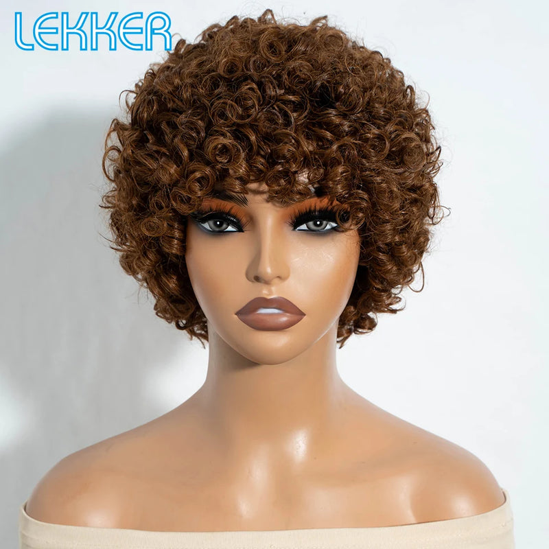 Lekker Black Short Pixie Cut Curly Bob 100% Human Hair Wigs For Women Brazilian Remy Hair Full Machine Made Glueless Daily Wigs