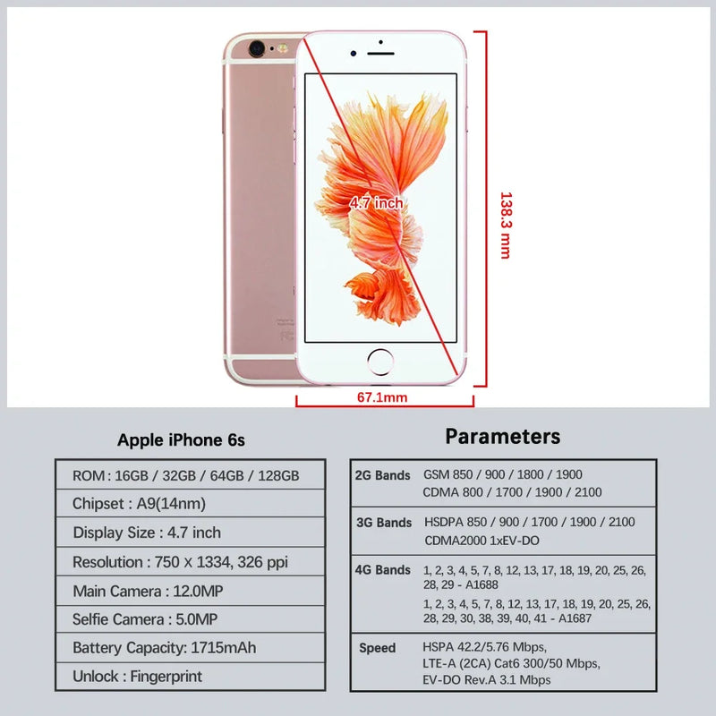 Original iPhone 6s 4.7" 4G Mobile Cell Phone 16/64/128GB ROM Touch ID 5MP+12MP Camera Dual Core IOS CellPhone Original Unlocked