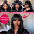 Straight Bob 100% Human Hair Wigs With Bangs 3X2 Middle Part Lace Wig 300 Density Natural Black Short Bob Fringe Wigs For Women