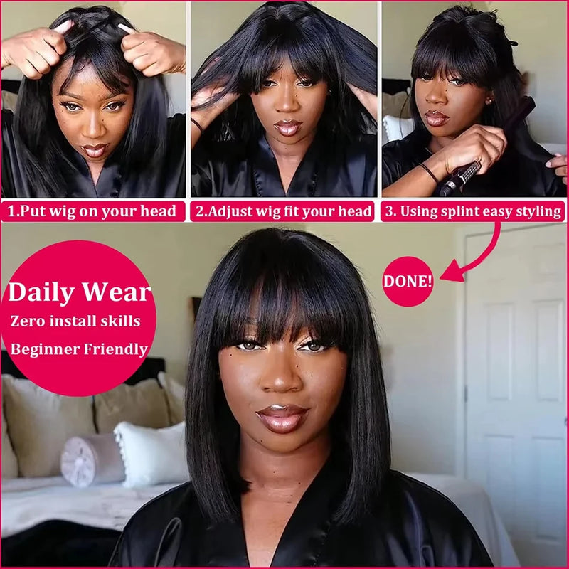 Straight Bob 100% Human Hair Wigs With Bangs 3X2 Middle Part Lace Wig 300 Density Natural Black Short Bob Fringe Wigs For Women