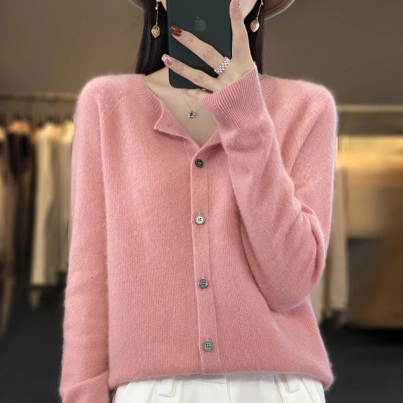 Fashion Women 100% Merino Wool Cardigans Cashmere Sweater Autumn Winter O-neck Long Sleeve Knitwear Female Basic Clothing Tops
