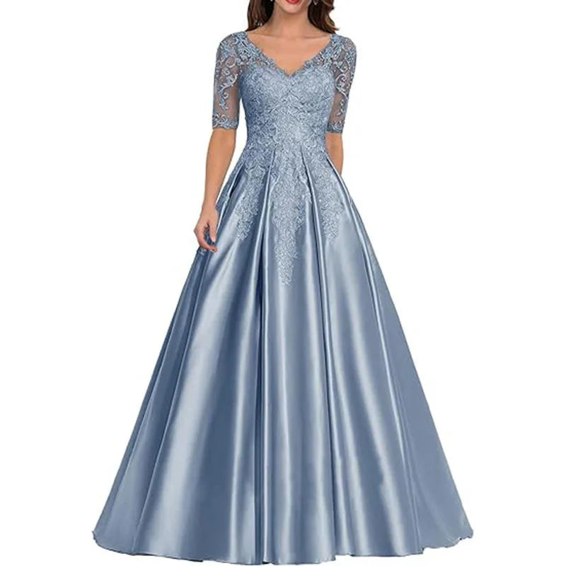 A Line Women Evening Dresses Satin Appliques V Neck Prom | SAMAG